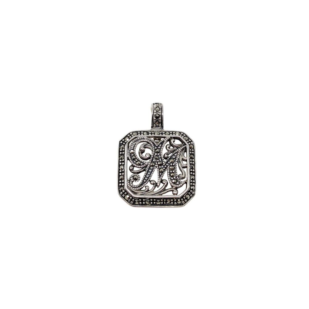 Sterling Silver Marcasite Pendant M Initial Letter Square